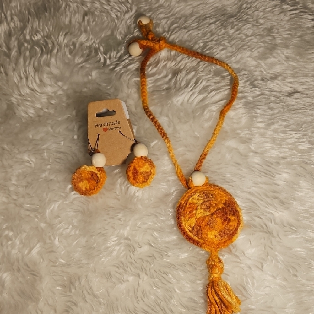Handmade Orange Crochet Necklace and Earring Set Hand Knit Fall Jewelry beaded
